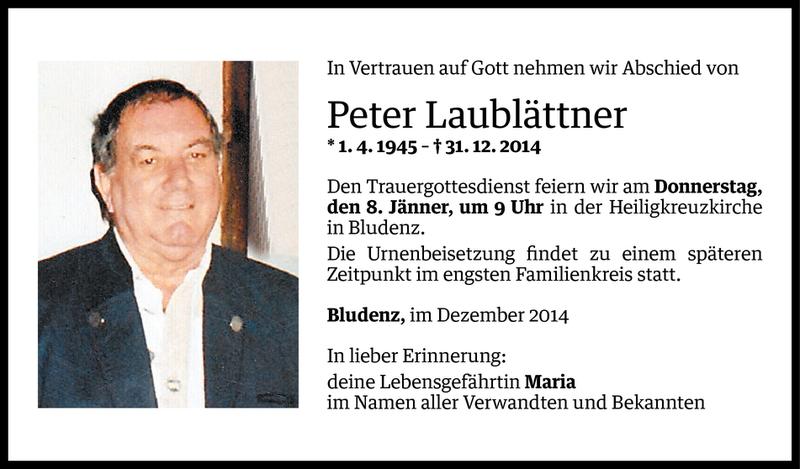  Todesanzeige für Peter Laublättner vom 05.01.2015 aus Vorarlberger Nachrichten