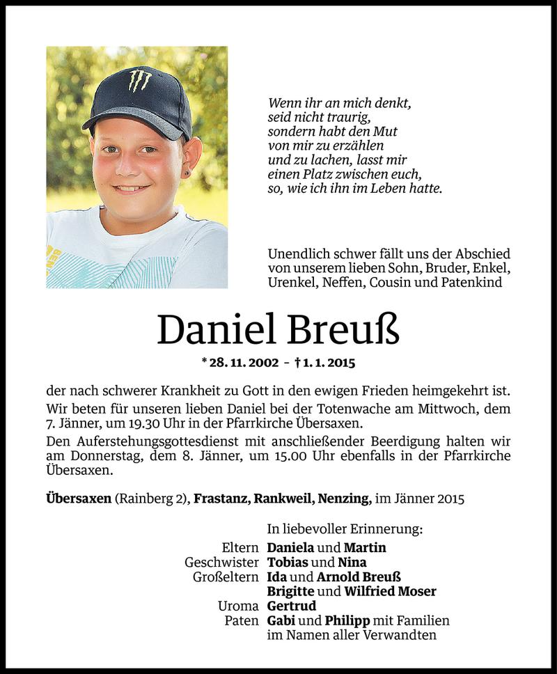  Todesanzeige für Daniel Breuß vom 03.01.2015 aus Vorarlberger Nachrichten