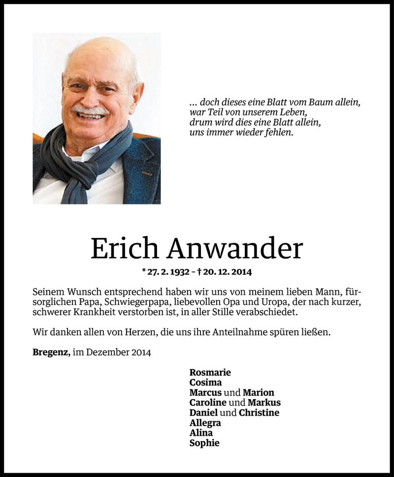  Todesanzeige für Erich Anwander vom 03.01.2015 aus Vorarlberger Nachrichten