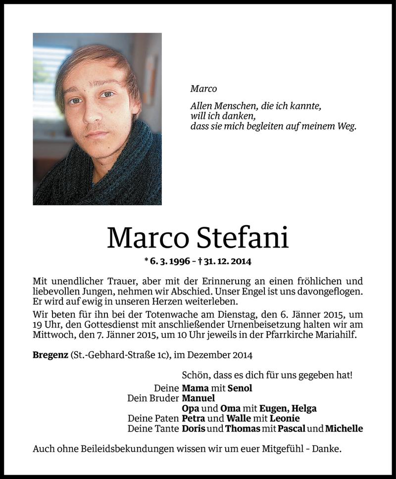  Todesanzeige für Marco Stefani vom 02.01.2015 aus Vorarlberger Nachrichten