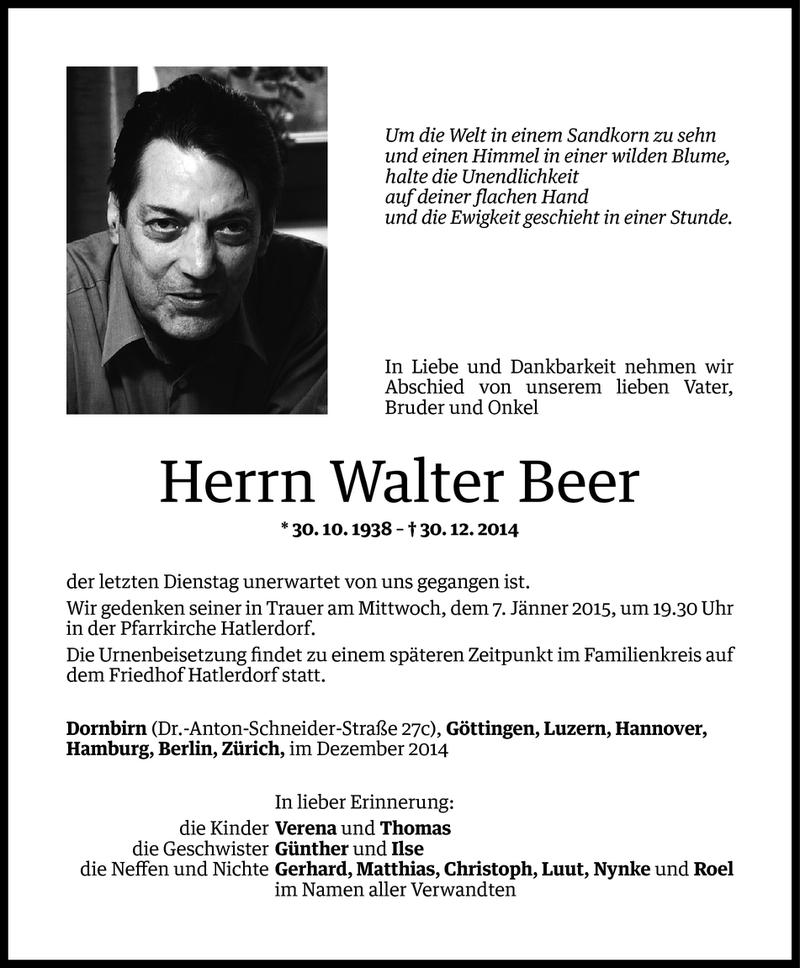  Todesanzeige für Walter Beer vom 02.01.2015 aus Vorarlberger Nachrichten