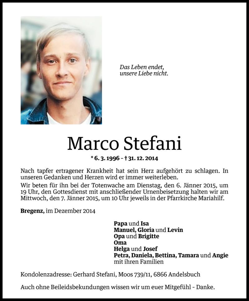  Todesanzeige für Marco Stefani vom 02.01.2015 aus Vorarlberger Nachrichten