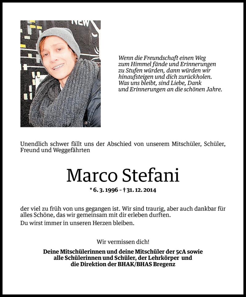  Todesanzeige für Marco Stefani vom 02.01.2015 aus Vorarlberger Nachrichten