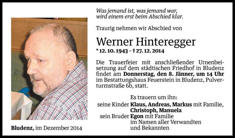  Todesanzeige für Werner Hinteregger vom 05.01.2015 aus Vorarlberger Nachrichten