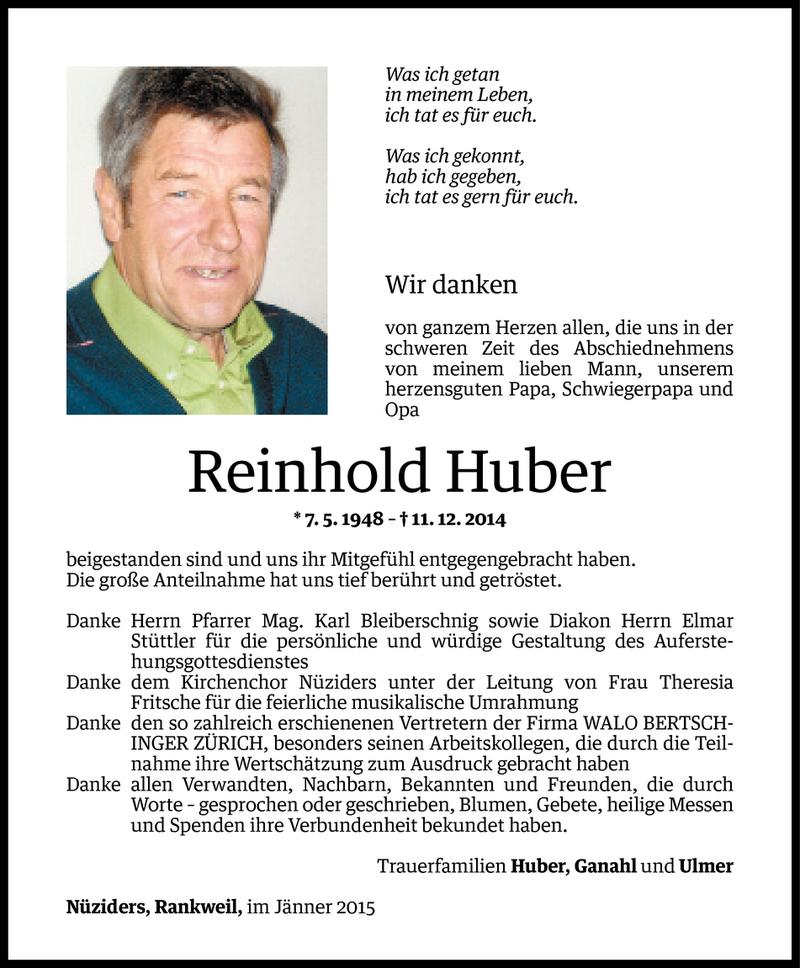  Todesanzeige für Reinhold Huber vom 05.01.2015 aus Vorarlberger Nachrichten