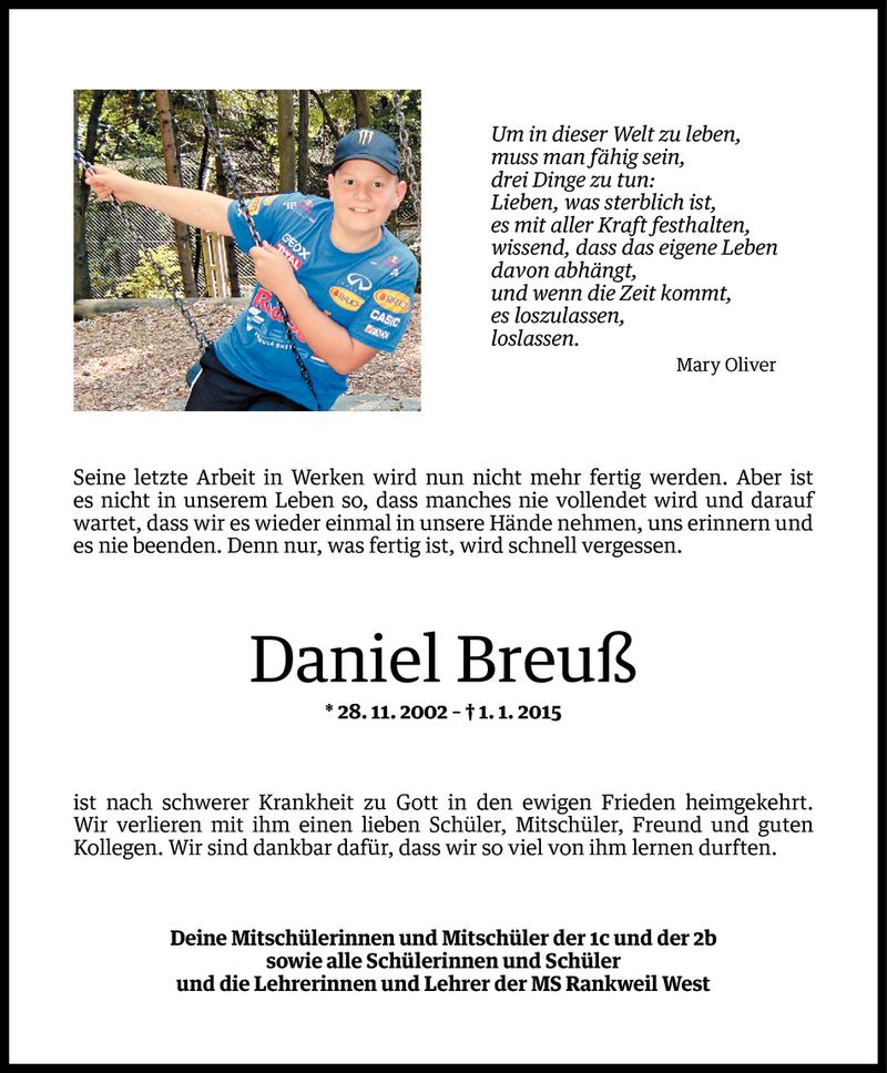  Todesanzeige für Daniel Breuß vom 04.01.2015 aus Vorarlberger Nachrichten