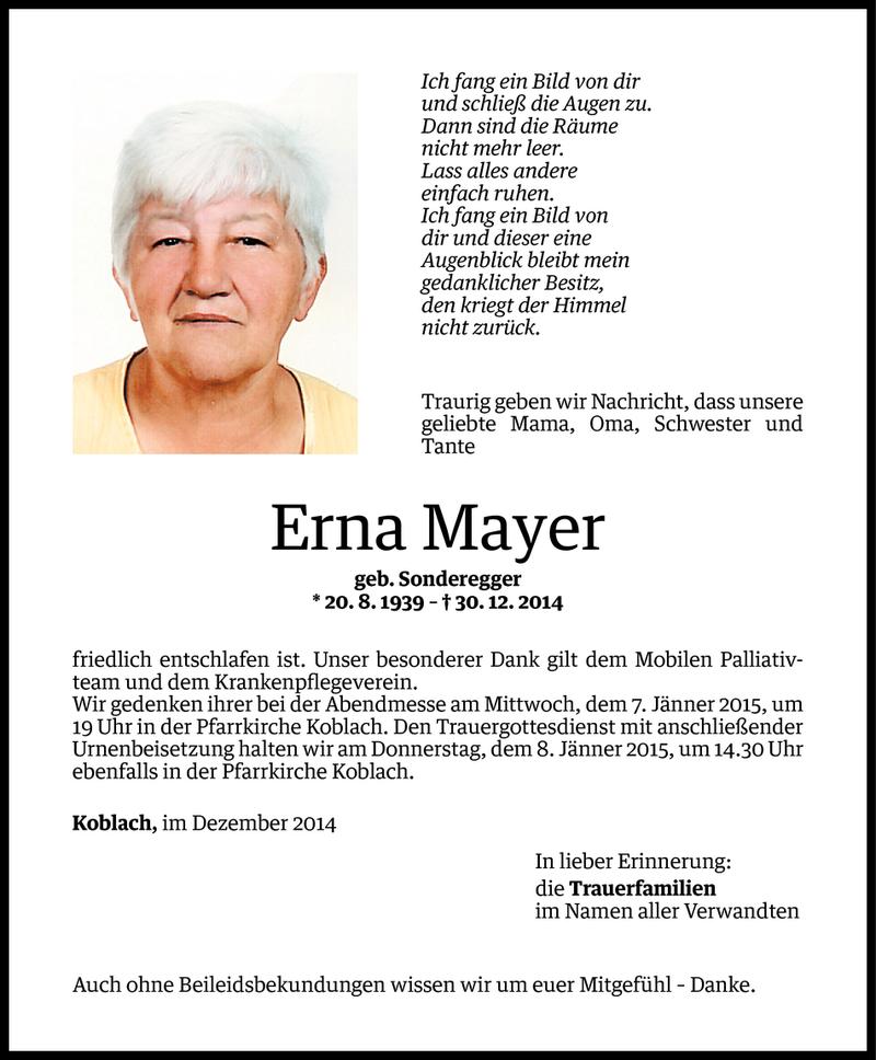  Todesanzeige für Erna Mayer vom 04.01.2015 aus Vorarlberger Nachrichten