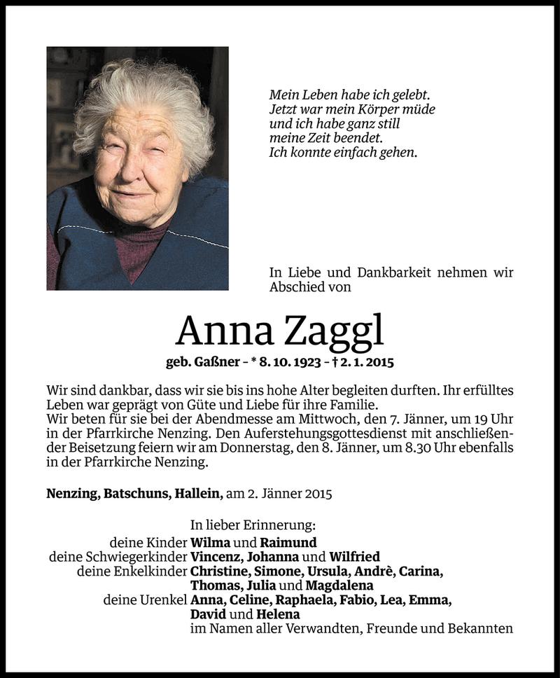  Todesanzeige für Anna Zaggl vom 04.01.2015 aus Vorarlberger Nachrichten