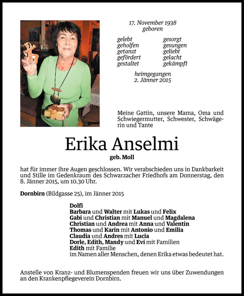  Todesanzeige für Erika Anselmi vom 05.01.2015 aus Vorarlberger Nachrichten