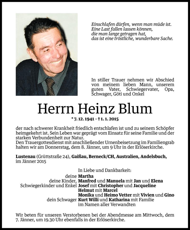  Todesanzeige für Heinz Blum vom 04.01.2015 aus Vorarlberger Nachrichten