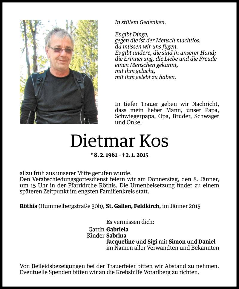  Todesanzeige für Dietmar Kos vom 04.01.2015 aus Vorarlberger Nachrichten