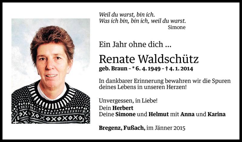  Todesanzeige für Renate Waldschütz vom 04.01.2015 aus Vorarlberger Nachrichten