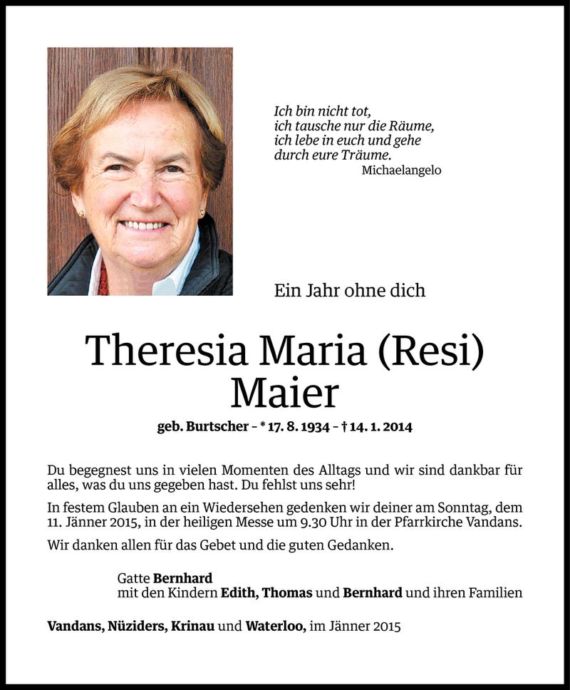  Todesanzeige für Theresia Maria Maier vom 06.01.2015 aus Vorarlberger Nachrichten