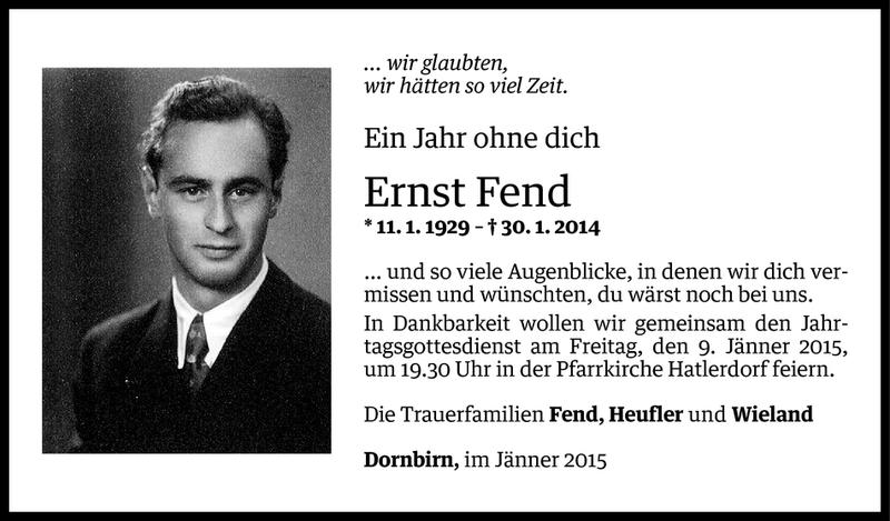  Todesanzeige für Ernst Fend vom 06.01.2015 aus Vorarlberger Nachrichten