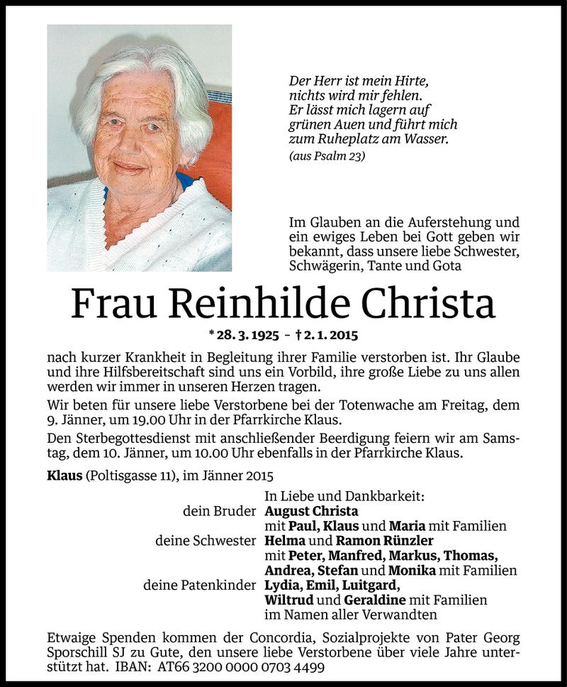  Todesanzeige für Reinhilde Christa vom 07.01.2015 aus Vorarlberger Nachrichten