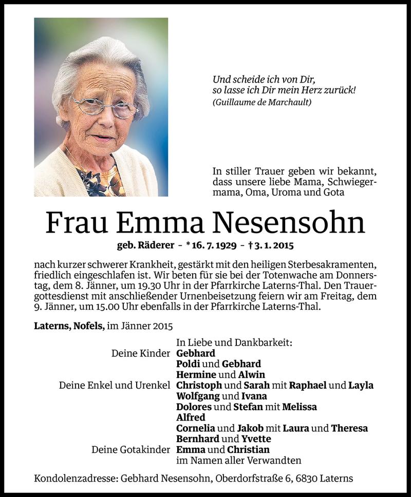  Todesanzeige für Emma Nesensohn vom 07.01.2015 aus Vorarlberger Nachrichten