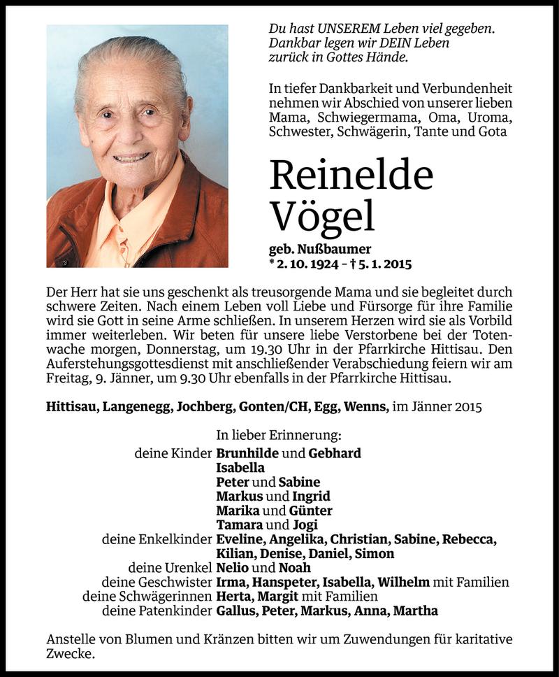  Todesanzeige für Reinelde Vögel vom 06.01.2015 aus Vorarlberger Nachrichten