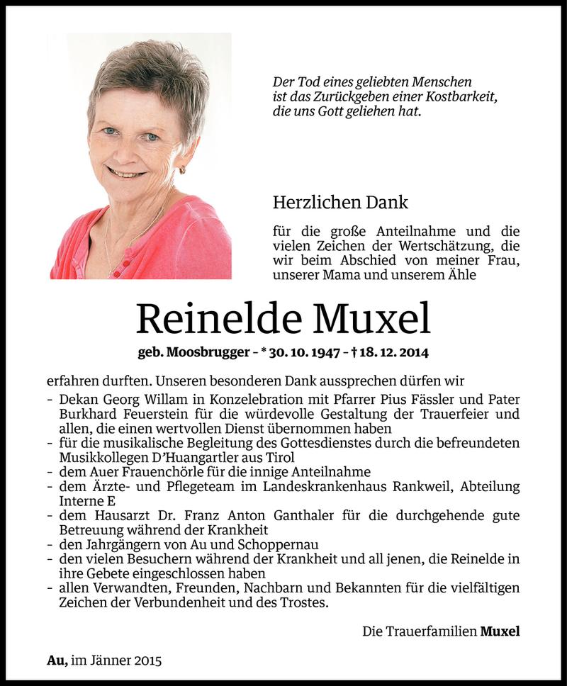  Todesanzeige für Reinelde Muxel vom 07.01.2015 aus Vorarlberger Nachrichten