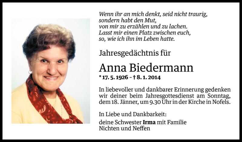  Todesanzeige für Anna Biedermann vom 07.01.2015 aus Vorarlberger Nachrichten