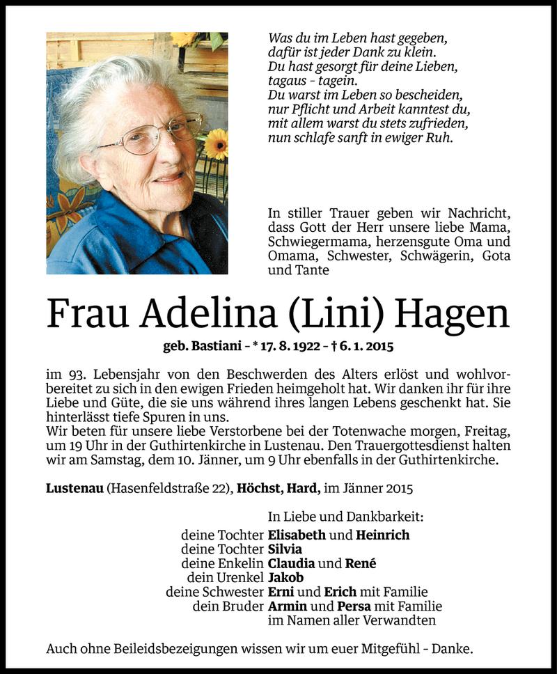  Todesanzeige für Adelina Hagen vom 07.01.2015 aus Vorarlberger Nachrichten