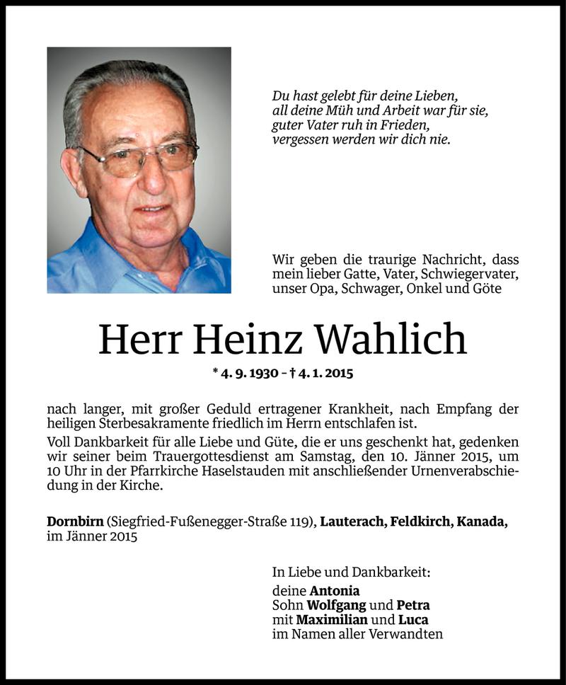  Todesanzeige für Heinz Wahlich vom 07.01.2015 aus Vorarlberger Nachrichten