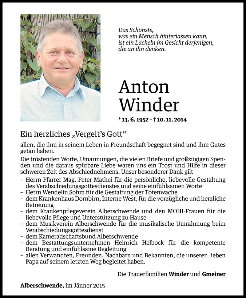  Todesanzeige für Anton Winder vom 08.01.2015 aus Vorarlberger Nachrichten