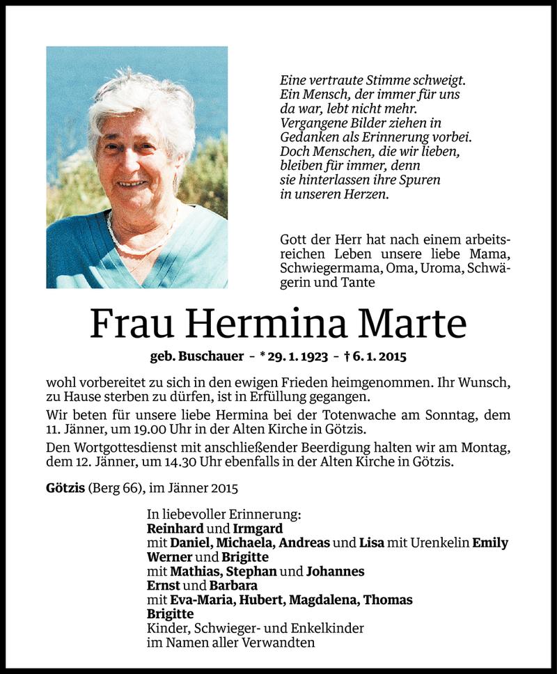  Todesanzeige für Hermina Marte vom 09.01.2015 aus Vorarlberger Nachrichten