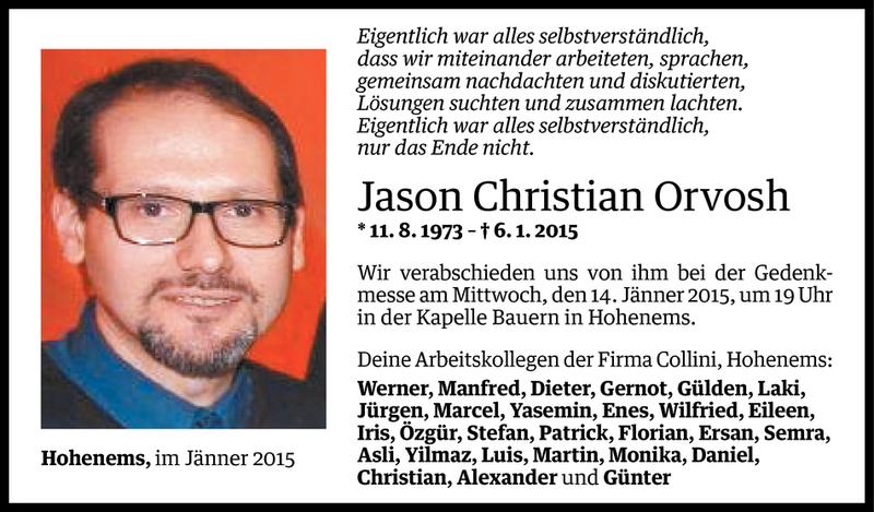  Todesanzeige für Jason Christian Orvosh vom 09.01.2015 aus Vorarlberger Nachrichten