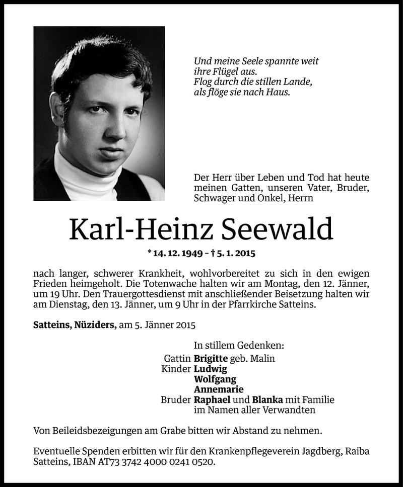  Todesanzeige für Karl-Heinz Seewald vom 09.01.2015 aus Vorarlberger Nachrichten