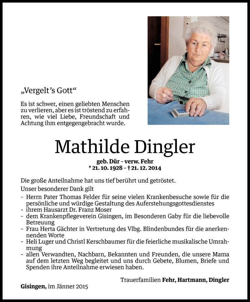  Todesanzeige für Mathilde Dingler vom 09.01.2015 aus Vorarlberger Nachrichten