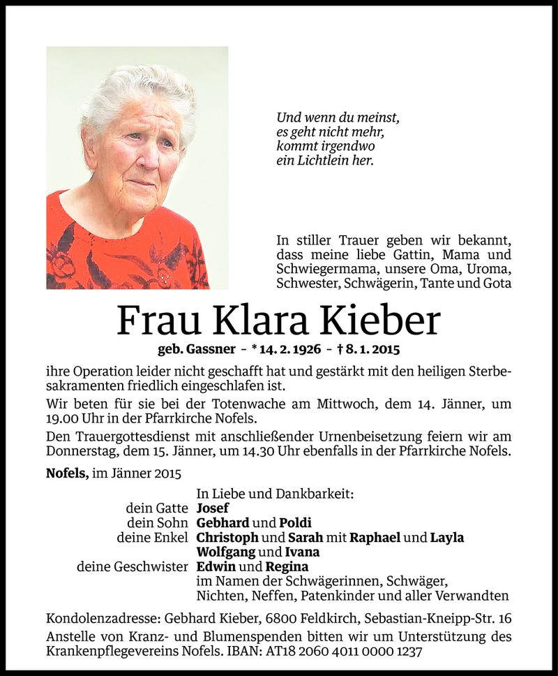  Todesanzeige für Klara Kieber vom 12.01.2015 aus Vorarlberger Nachrichten