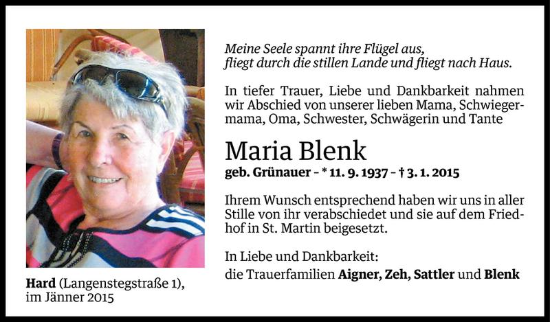  Todesanzeige für Maria Blenk vom 11.01.2015 aus Vorarlberger Nachrichten