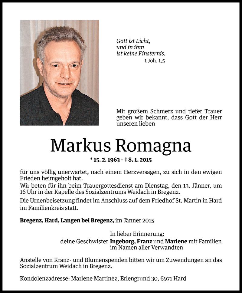  Todesanzeige für Markus Romagna vom 11.01.2015 aus Vorarlberger Nachrichten