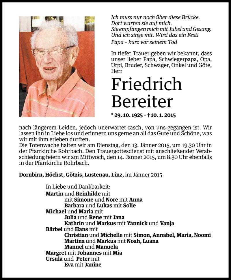  Todesanzeige für Friedrich Bereiter vom 11.01.2015 aus Vorarlberger Nachrichten