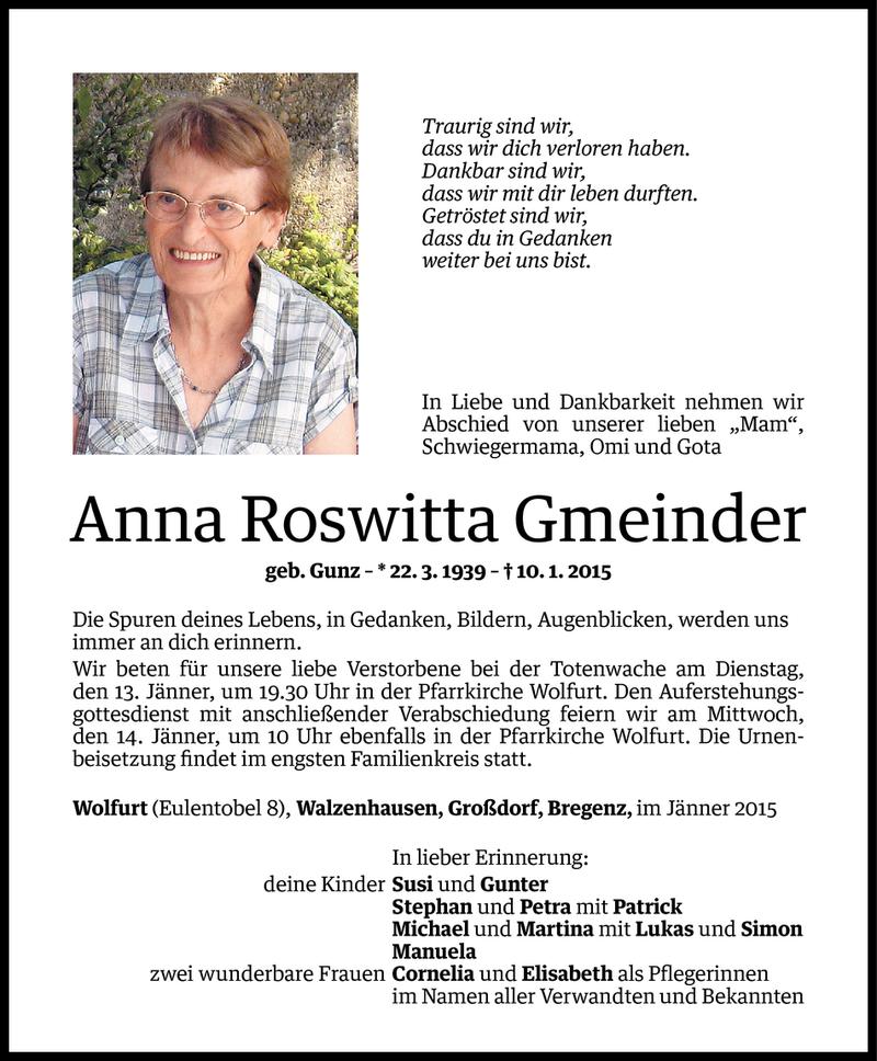  Todesanzeige für Anna Roswitta Gmeinder vom 11.01.2015 aus Vorarlberger Nachrichten