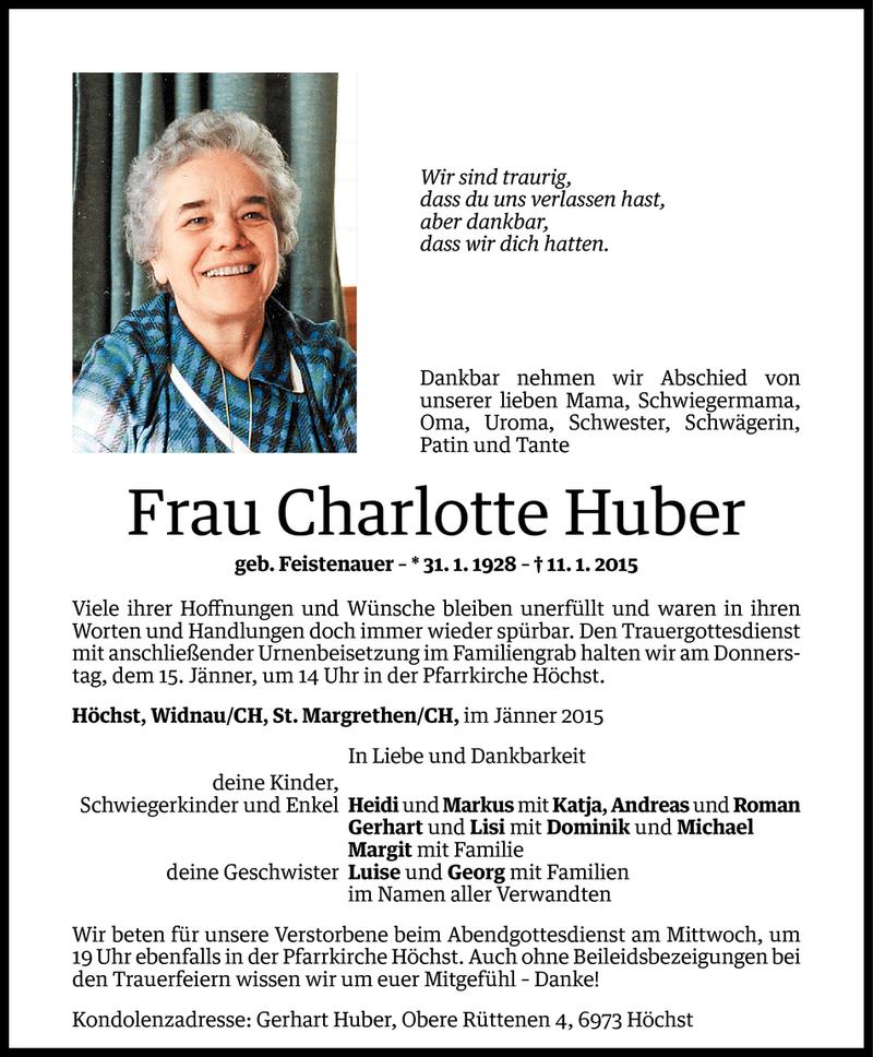  Todesanzeige für Charlotte Huber vom 11.01.2015 aus Vorarlberger Nachrichten