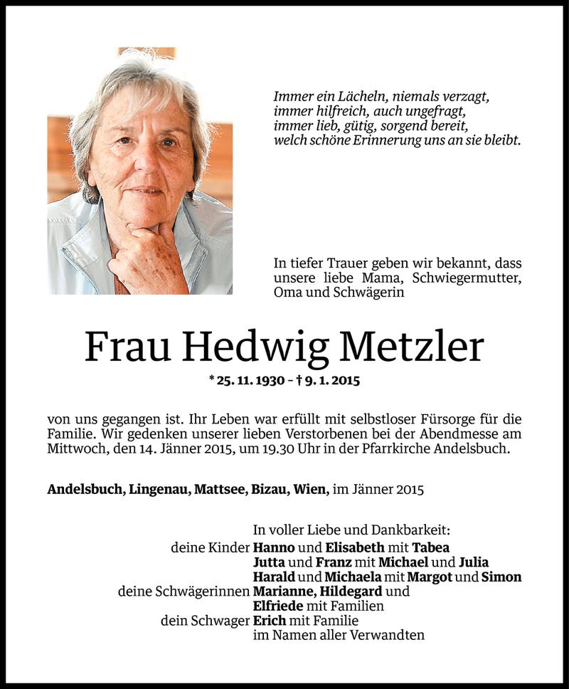  Todesanzeige für Hedwig Metzler vom 12.01.2015 aus Vorarlberger Nachrichten