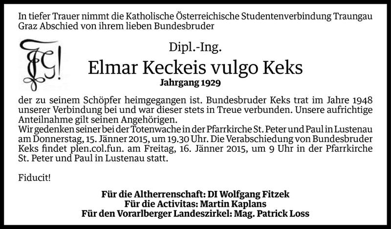  Todesanzeige für Elmar Keckeis vom 12.01.2015 aus Vorarlberger Nachrichten