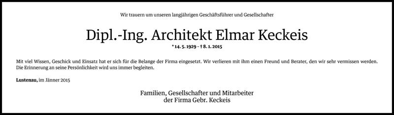  Todesanzeige für Elmar Keckeis vom 12.01.2015 aus Vorarlberger Nachrichten