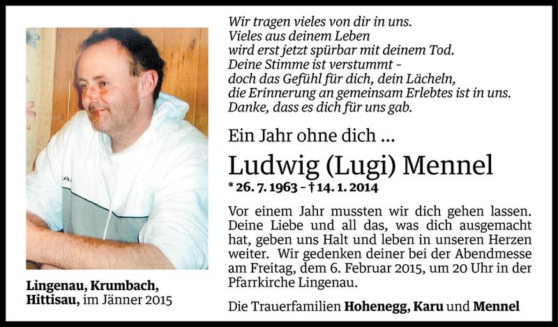  Todesanzeige für Ludwig Mennel vom 13.01.2015 aus Vorarlberger Nachrichten
