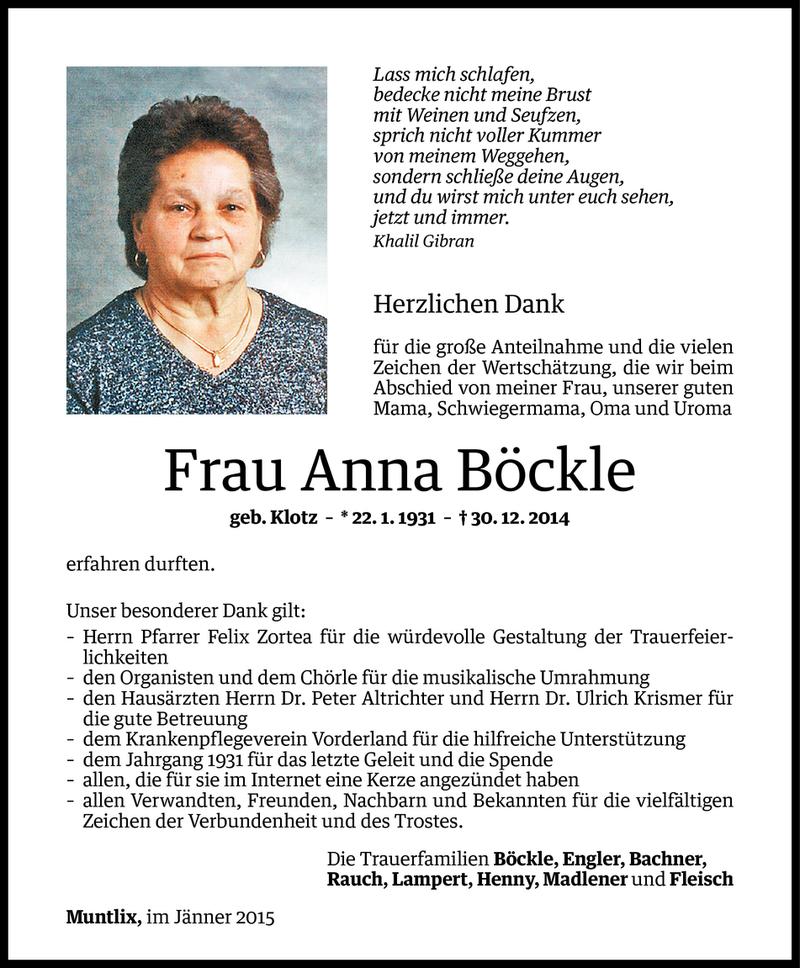  Todesanzeige für Anna Böckle vom 17.01.2015 aus Vorarlberger Nachrichten