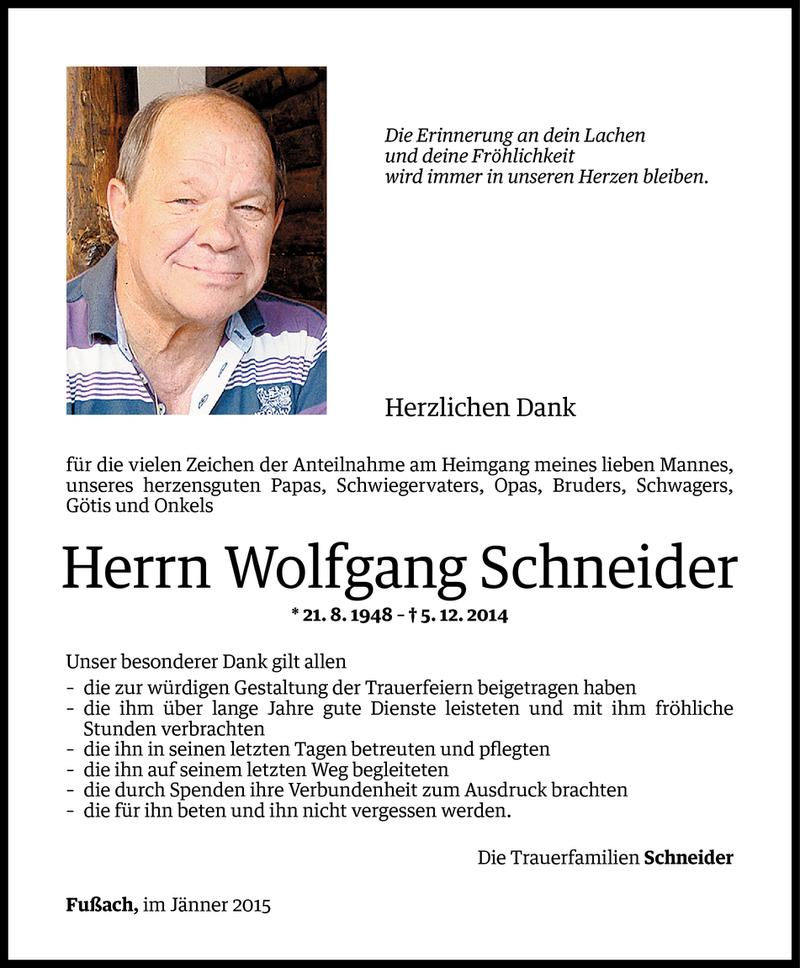  Todesanzeige für Wolfgang Schneider vom 13.01.2015 aus Vorarlberger Nachrichten