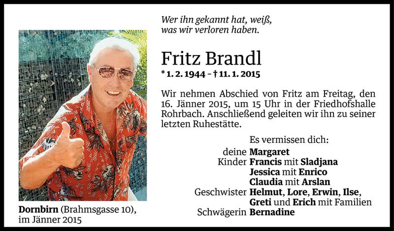  Todesanzeige für Fritz Brandl vom 13.01.2015 aus Vorarlberger Nachrichten