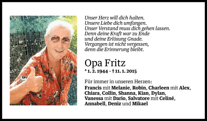  Todesanzeige für Fritz Brandl vom 13.01.2015 aus Vorarlberger Nachrichten