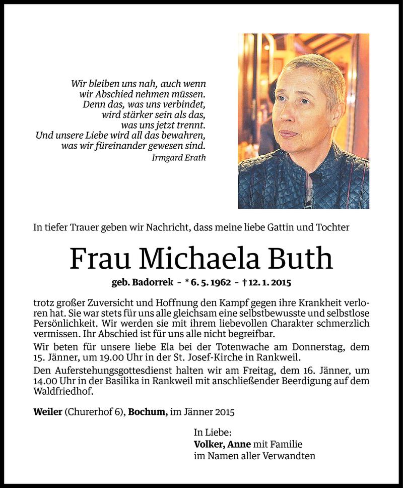  Todesanzeige für Michaela Buth vom 14.01.2015 aus Vorarlberger Nachrichten