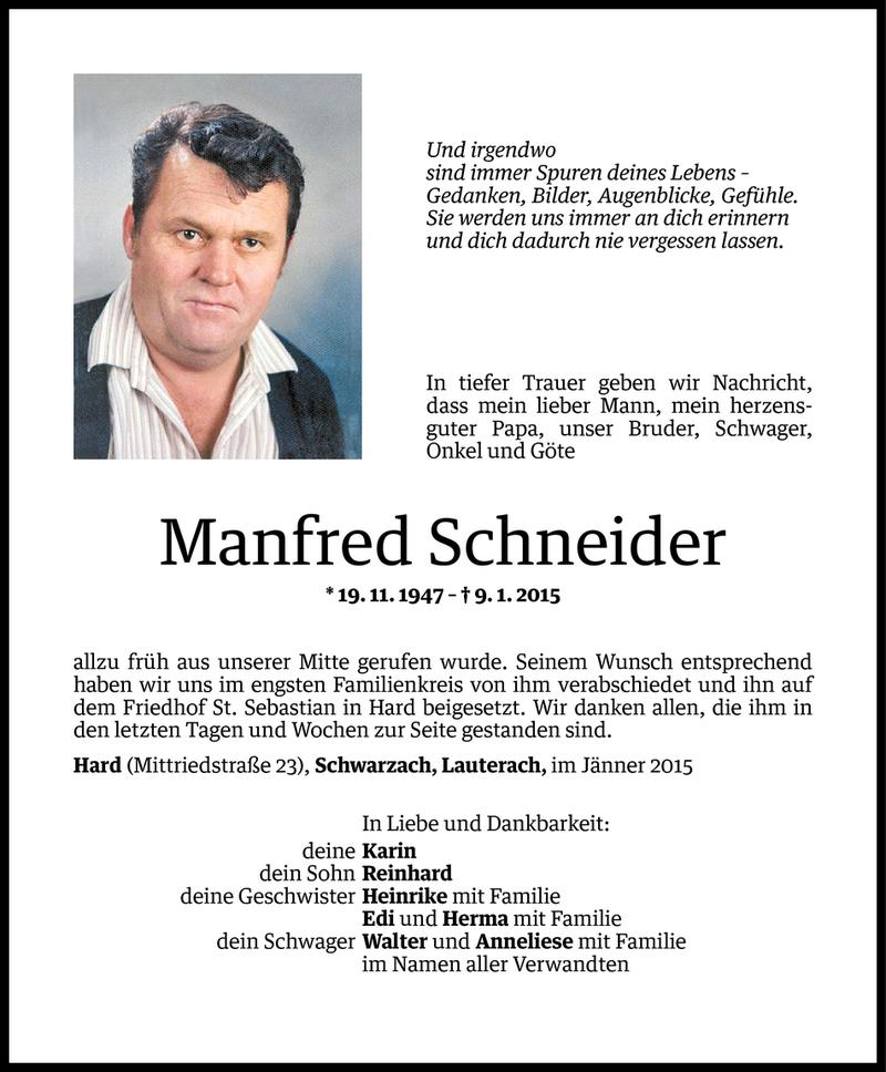  Todesanzeige für Manfred Schneider vom 14.01.2015 aus Vorarlberger Nachrichten