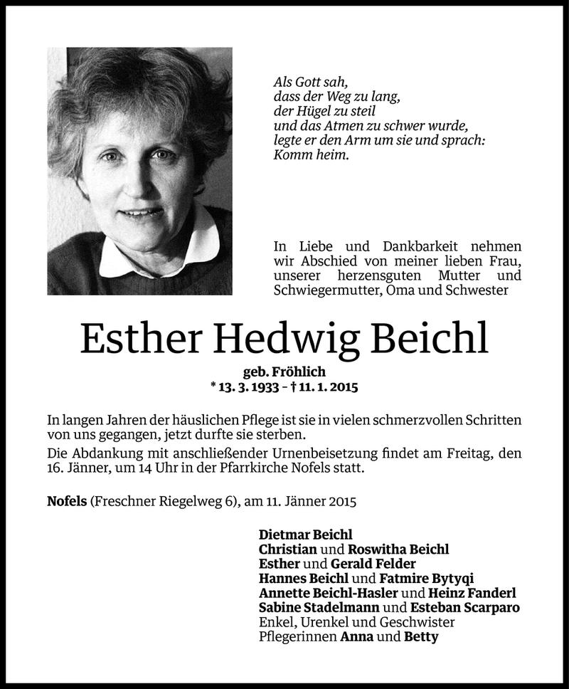  Todesanzeige für Esther Hedwig Beichl vom 14.01.2015 aus Vorarlberger Nachrichten