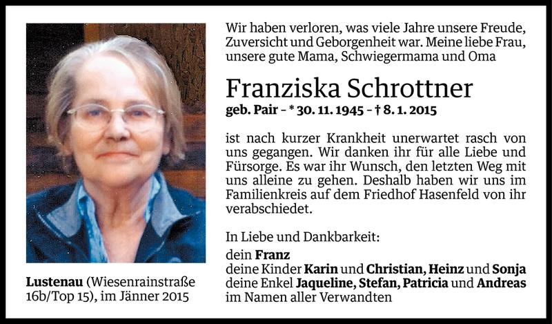  Todesanzeige für Franziska Schrottner vom 15.01.2015 aus Vorarlberger Nachrichten