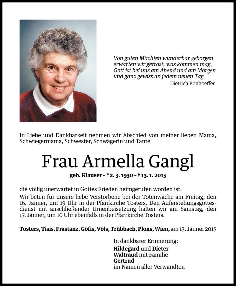  Todesanzeige für Armella Gangl vom 14.01.2015 aus Vorarlberger Nachrichten