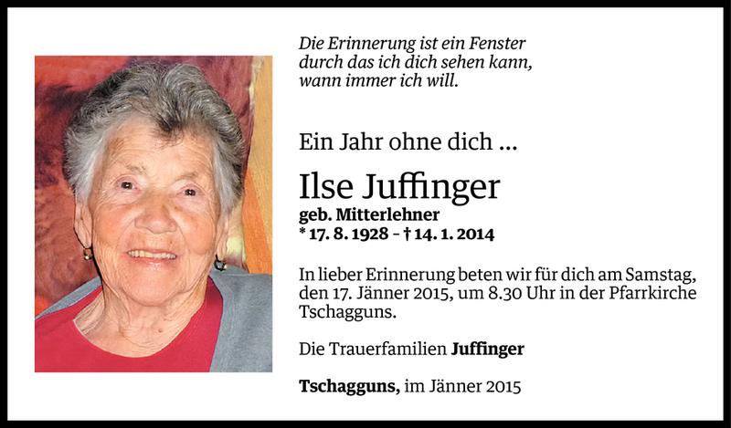  Todesanzeige für Ilse Juffinger vom 14.01.2015 aus Vorarlberger Nachrichten